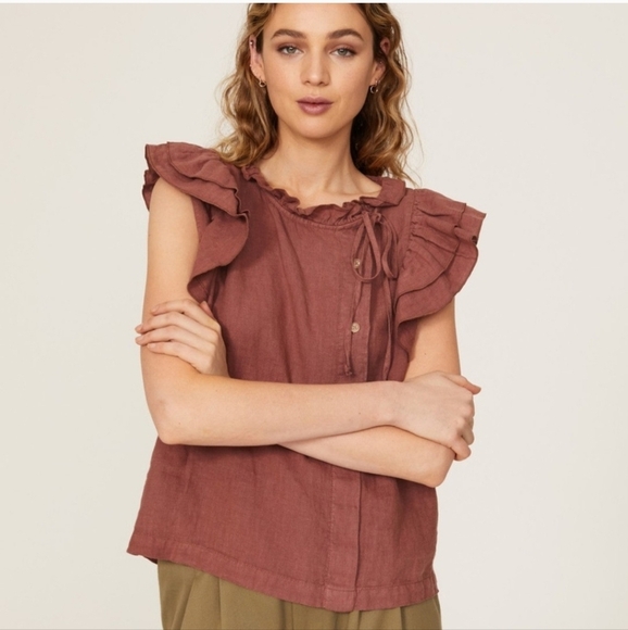 Sita Murt 100% Linen Blouse Ruffled Cap Sleeve Asymmetrical Button Size L/42 - Picture 1 of 8